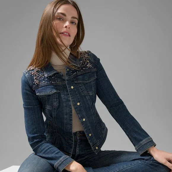 WHBM $185 Pearl Gemstones Embellished Trucker Jean Denim Jacket M